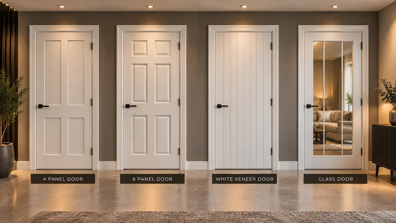 Four internal door style examples: four-panel, six-panel, white vertically striped veneer and glazed internal door