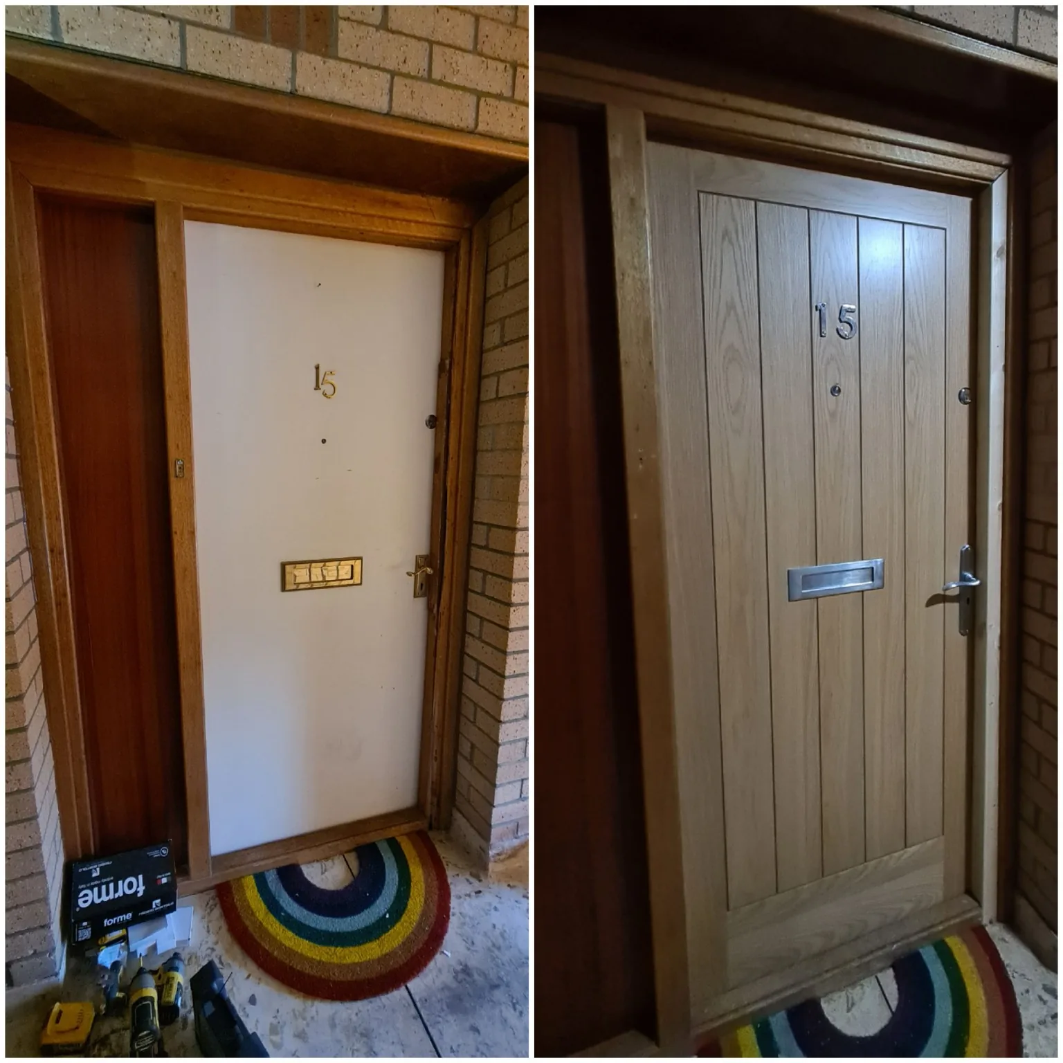 Entrance door before and after replacement