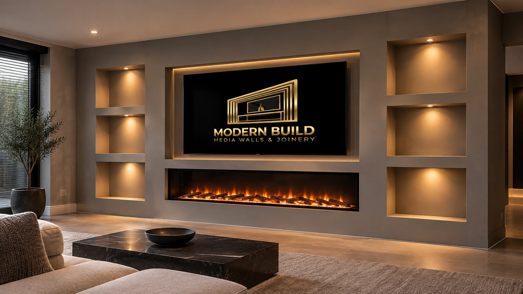 Modern Build media wall design inspiration: recessed TV, long electric fire and six symmetrical illuminated side alcoves in smooth taupe plaster