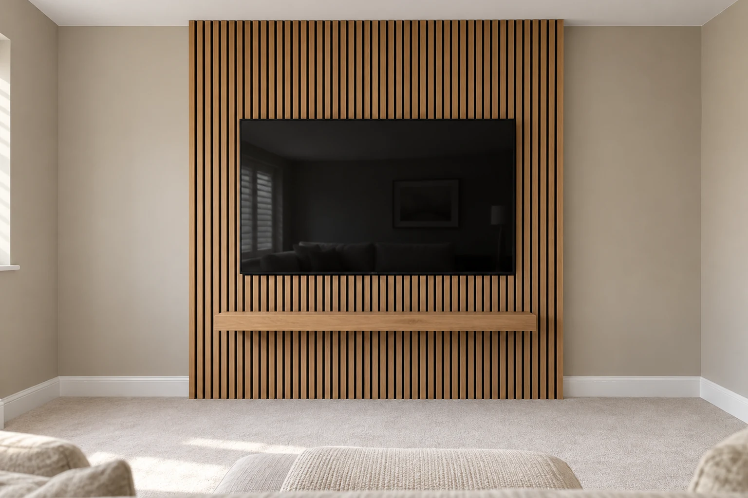 Example acoustic-slat TV media wall with vertical timber slats behind the television and a floating shelf below