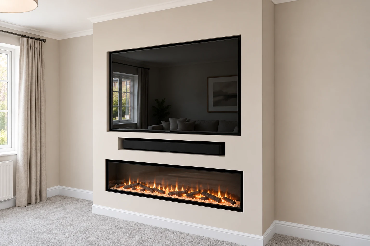 Example chimney-style built-out media wall with recessed TV and inset electric fireplace, fire included in the Standard package