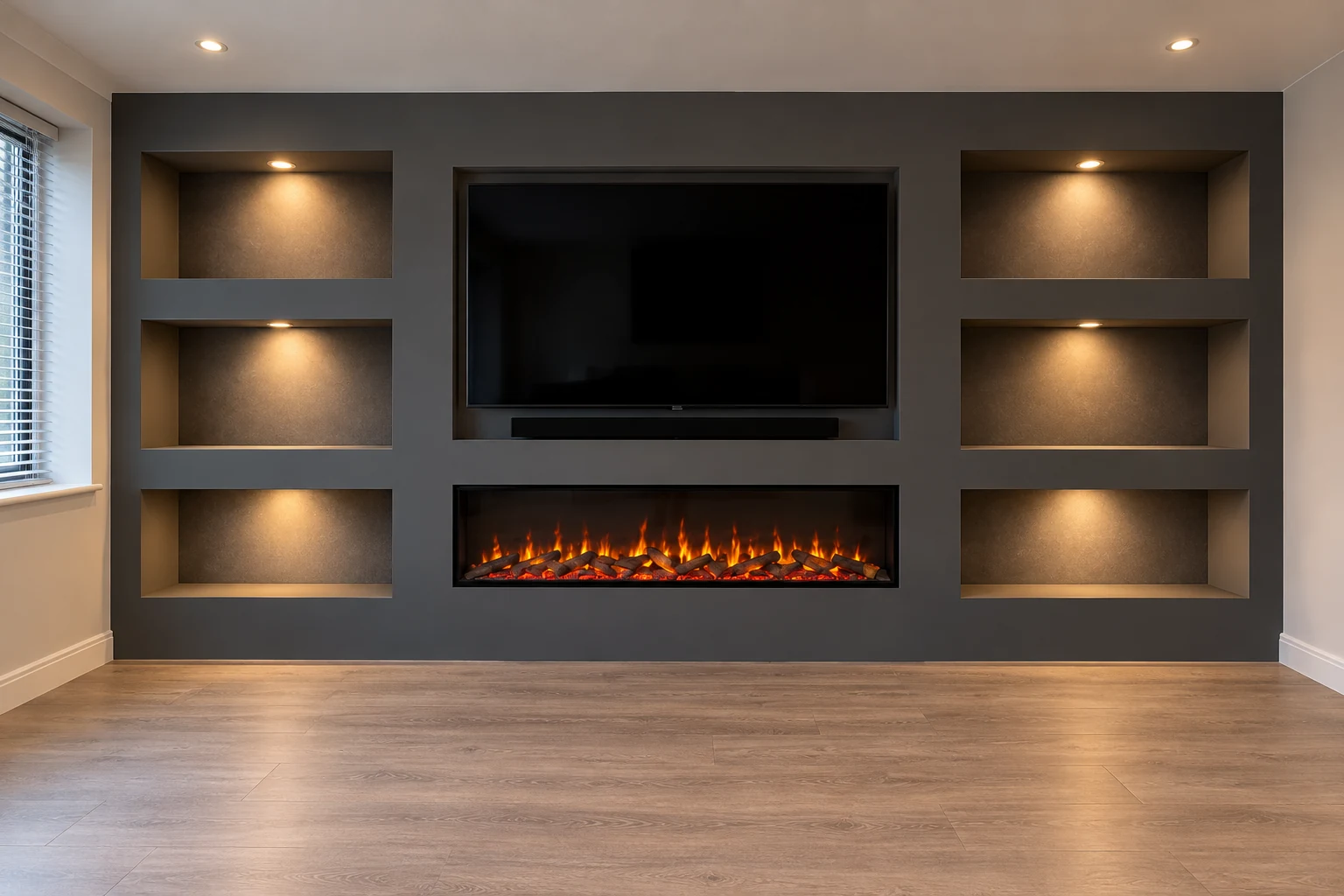 Example premium full-width media wall with recessed television, inset electric fire and built-in open display niches on both sides