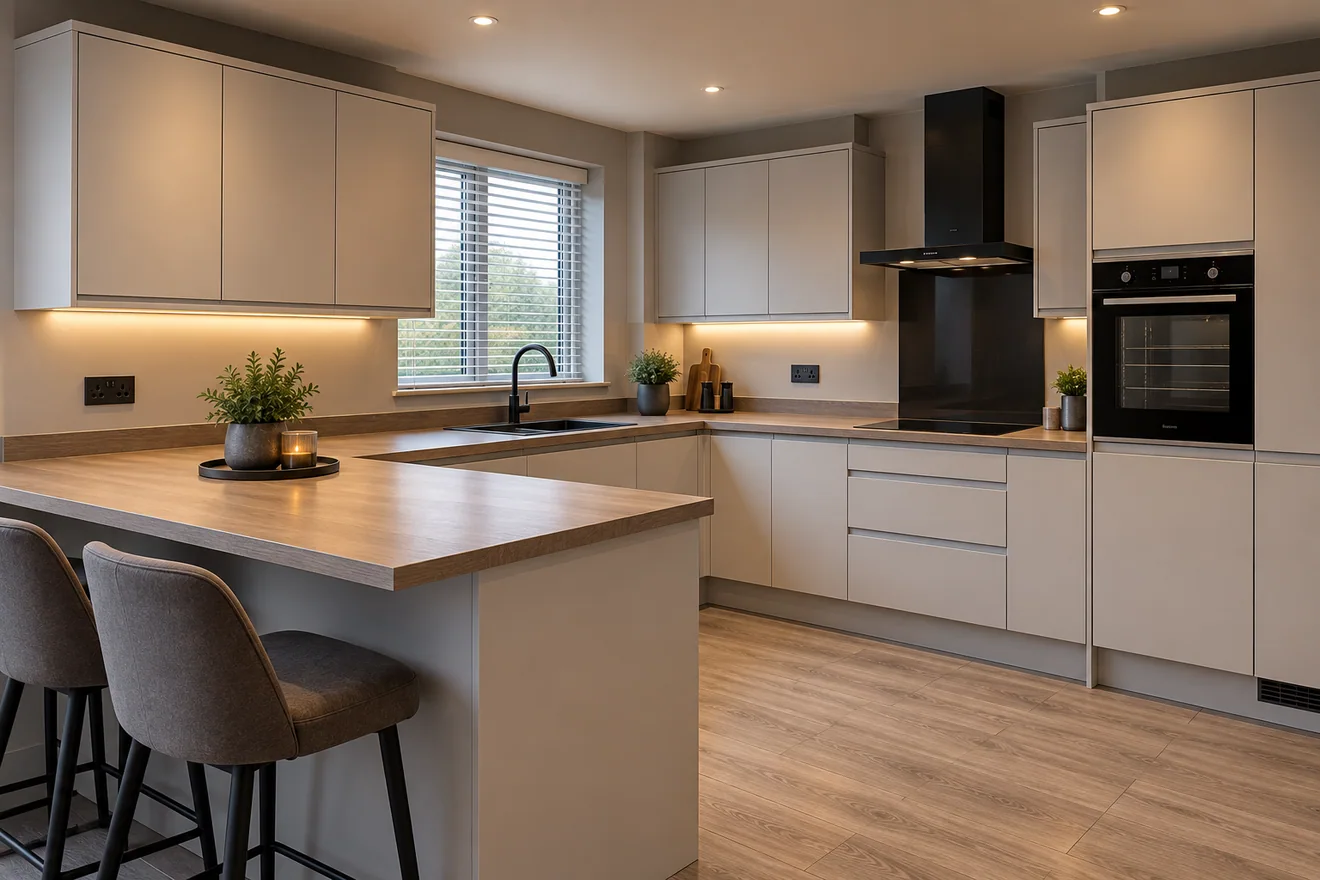 Example of a practical, modern fitted kitchen with light cabinets and wooden worktop